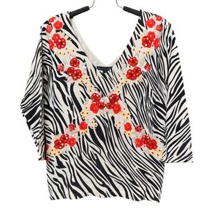 Maurice Sasson Zebra Print Silk Blend Blouse Top Embellished Red Beads Sequins S